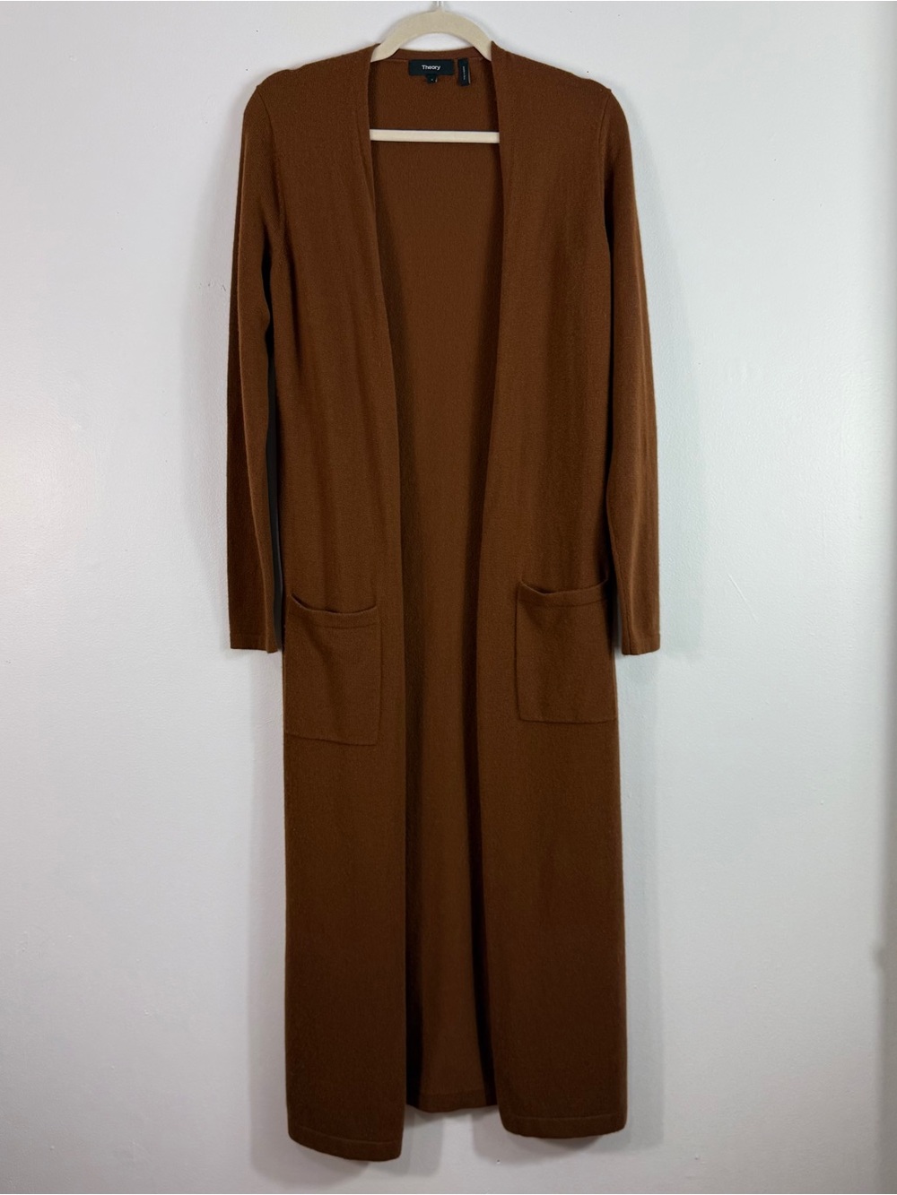 Theory 100% Cashmere Open Front Duster Cardigan Women’s S Brown Pockets